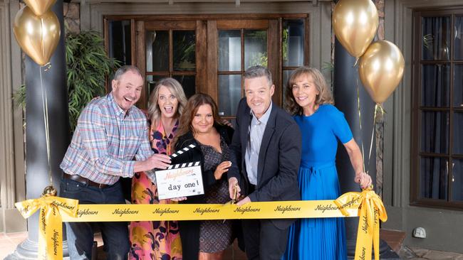 Alan Fletcher, Annie Jones, Rebekah Elmaloglou, Stefan Dennis and Annie Jones on the first day of Neighbours filming. Picture: supplied