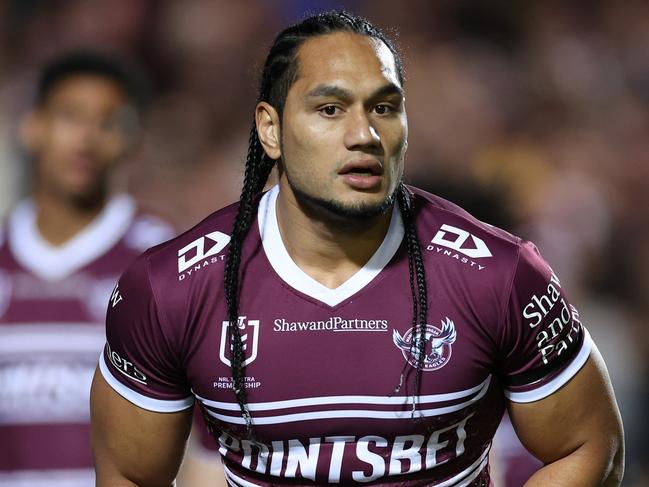 SYDNEY, AUSTRALIA - AUGUST 05: Martin Taupau of the Sea Eagleswarms up before the round 21 NRL match between the Manly Sea Eagles and the Parramatta Eels at 4 Pines Park on August 05, 2022, in Sydney, Australia. (Photo by Cameron Spencer/Getty Images)