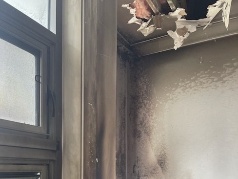 A wall and ceiling damaged by fire at a house in Violet Ave, Forestville. Picture: NSW Fire and Rescue