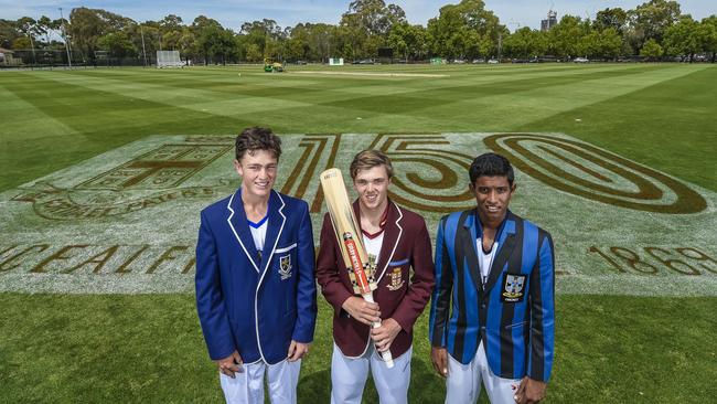 Captains Will Montgomery (St. Peter’s), Cooper Luke (PAC) and Dellon Peiris (St. Thomas) at PAC last week. The schools, along with Royal College, are part of the two oldest unbroken cricket matches. Picture: AAP/Roy Vandervegt