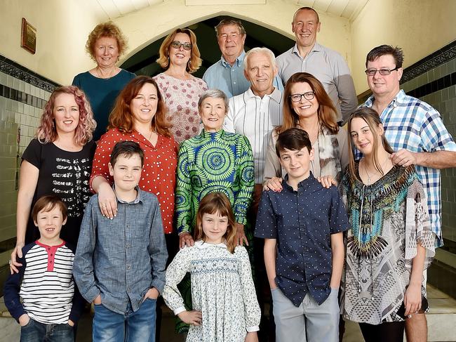 Relatives of Mrs Walder at The Walder building: (left to right) Elliot Ware, 7, Kristelle Ware, Christine Gardiner, Hamish Jones, 11, Alex Gardiner, Neroli Jones, Gretel Jones (in green), Rosie Lock-Gardiner, 6, John Gardiner, Craig McNaughton, Daniel Jones, 12, Justine Jones, Peter Jones, Ashleigh Jones, 14, and Drew Jones on Saturday. Picture: Troy Snook