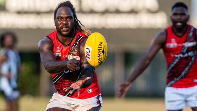 Anthony McDonald-Tipungwuti playing for the Tiwi Bombers against Palmerston Magpies in Round 3 of the 2023-24 NTFL season. Picture: Pema Tamang Pakhrin