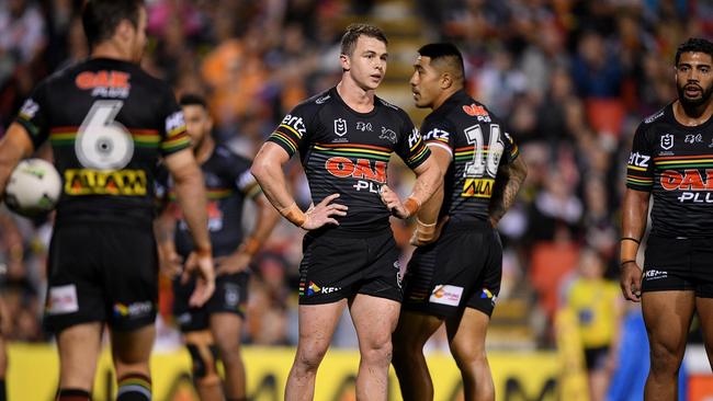 Dylan Edwards had a tough night for Penrith before his late try. (AAP Image/Dan Himbrechts) 