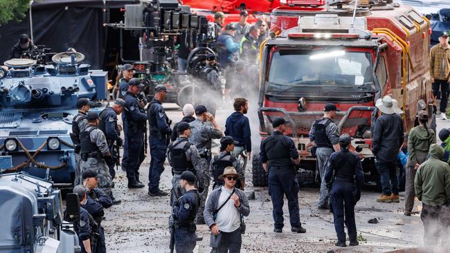 William St became a smouldering London disaster zone for filming on Tuesday. Picture: Lachie Millard