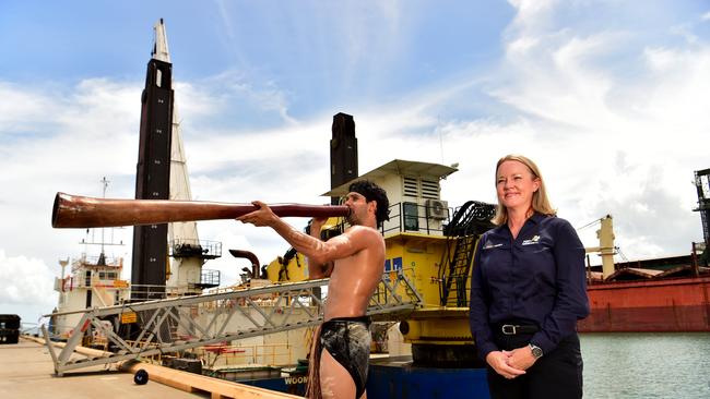 Port Channel Upgrade. Glen Thomas from Wulgurukaba (Walkabout) Dancers and port CEO Ranee Crosby at Townsville Port with Hall Contracting's dredge Woomera. Picture: Evan Morgan