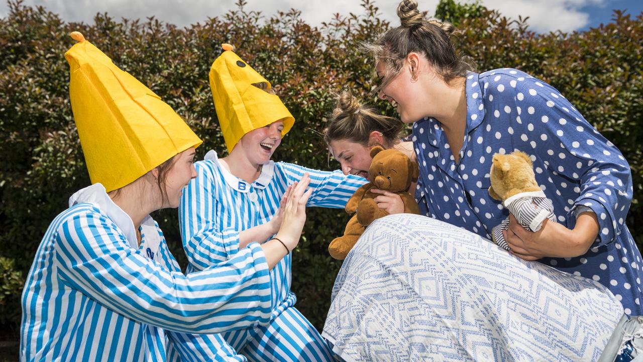 Banana's in Pyjamas Mikayla Wust (left) and Halle Goodall with teddies Zoe Wallace and Audrey Herridge as St Ursula's College students prepare for their boat race during St Ursula's Week, Wednesday, October 20, 2021. Picture: Kevin Farmer