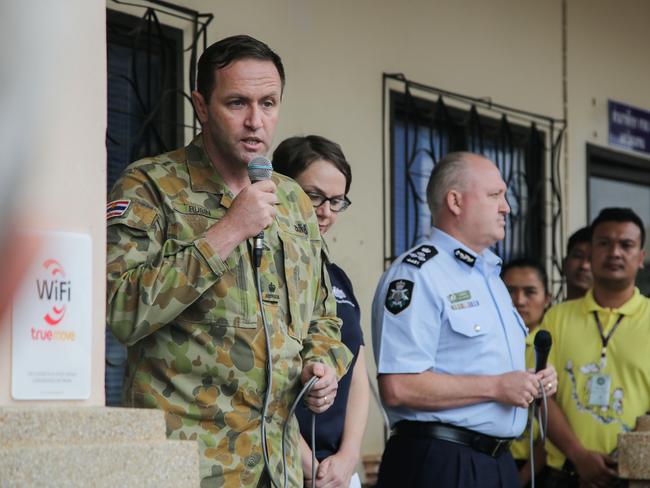 Australian Major Alex Rubin from the Australian Defence Force speaks to the press about Australia's involvement in the cave rescue near the cave. Picture: Getty