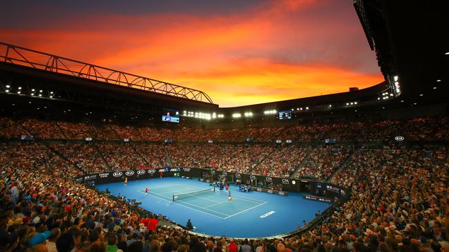 The sun sets over last year’s Australian Open men’s final between Novak Djokovic of Serbia and Rafael Nadal of Spain. Picture: Getty Images