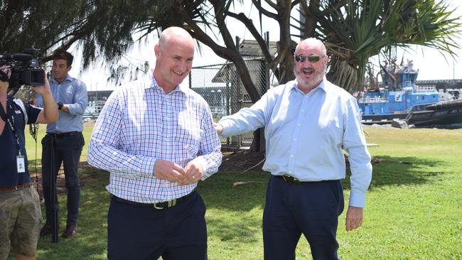 Labor's Gladstone MP Glenn Butcher and LNP Burleigh MP and Shadow Minister for Energy Michael Hart share a moment together in Gladstone after both held press conferences at the same location only minutes apart. Both were discussing the closure timeline of Callide B Power Station.