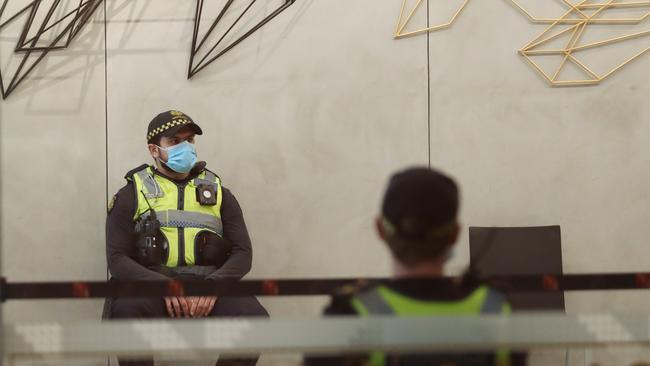 Victoria Police took over from civilian contractors at the Novotel in Melbourne earlier this week Picture: David Crosling