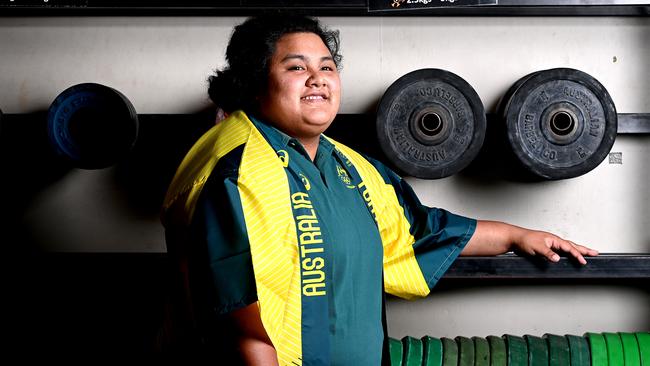 BRISBANE, AUSTRALIA - JUNE 22: Charisma Amoe-Tarrant poses for a photo during the Australian Olympic Weightlifting team selection announcement for the Tokyo 2020 Games at the Sleeman Sports Complex on June 22, 2021 in Brisbane, Australia. (Photo by Bradley Kanaris/Getty Images for the Australian Olympic Committee)