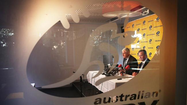 Australian Rugby Union Chairman Cameron Clyne and CEO Bill Pulver address media in Sydney.