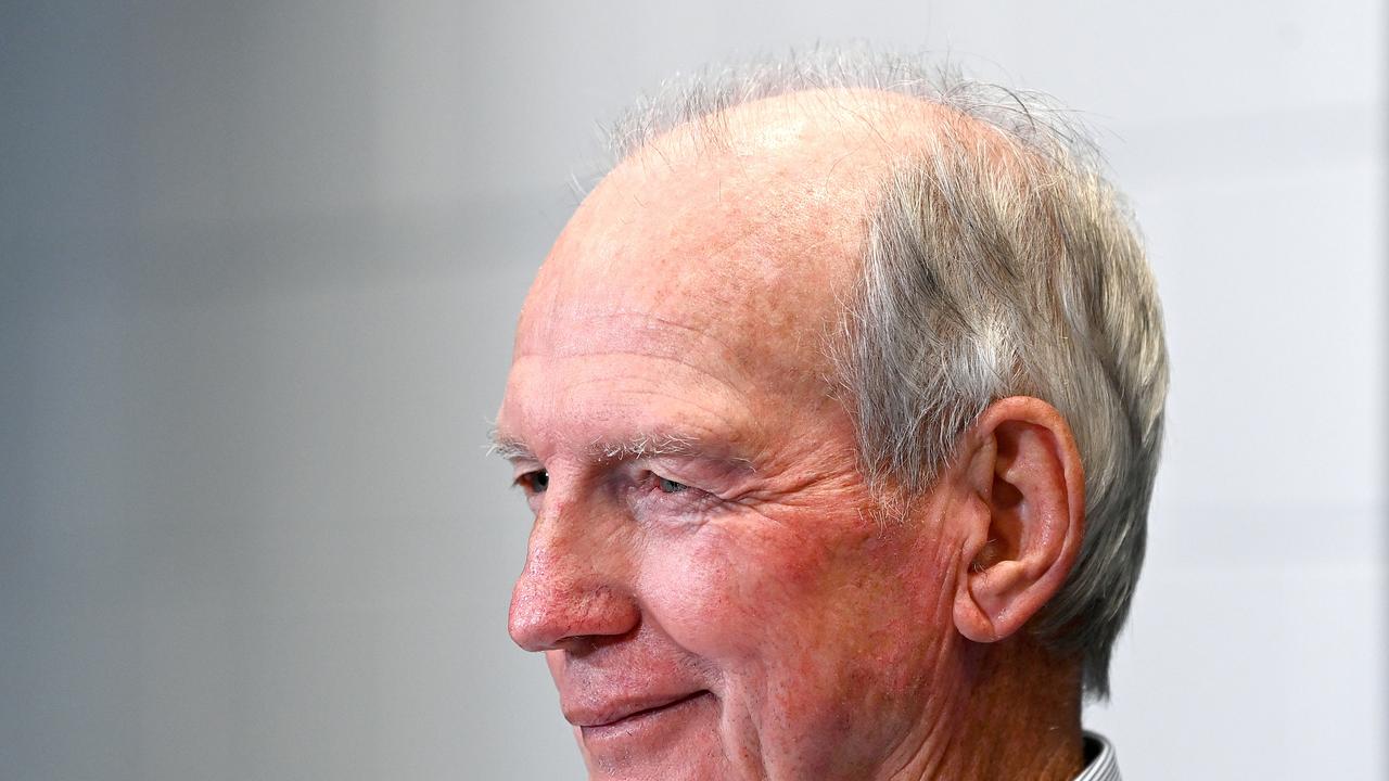 BRISBANE, AUSTRALIA - MAY 06: Coach Wayne Bennett of the Dolphins gives a smile at the after match press conference after the round 10 NRL match between Cronulla Sharks and Dolphins at Suncorp Stadium on May 06, 2023 in Brisbane, Australia. (Photo by Bradley Kanaris/Getty Images)