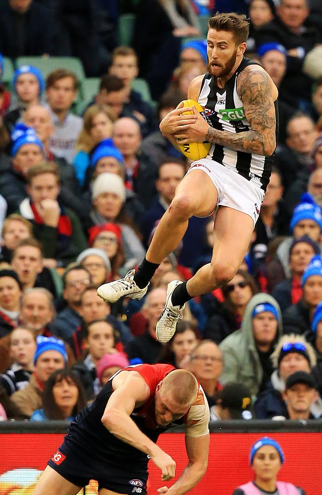 Jeremy Howe takes a soaring grab over Melbourne’s Tom McDonald in 2017. Picture: Mark Stewart