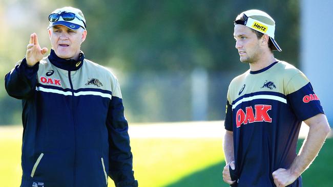 Panthers coach Anthony Griffin talks to Moylan during training. Photo: Jenny Evans