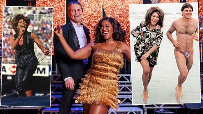 Tina Turner performing at the 1993 NRL grand final, left, and with Wayne Pearce in the Simply The Best ad, right. Thirty years on, centre, Wayne poses with Ruva Ngwenya, who stars as Tina Turner in The Tina Turner Musical. Picture: News Corp