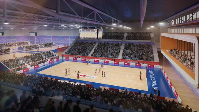 Artist impressions of the planned $92m SA Netball Centre at Mile End.