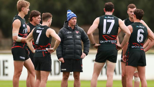 Essendon coach Brad Scott says he was able to provide more clarity to his players over how rules were interpreted following a meeting with AFL umpire bosses after Saturday night’s loss. Picture: Kelly Defina / Getty Images