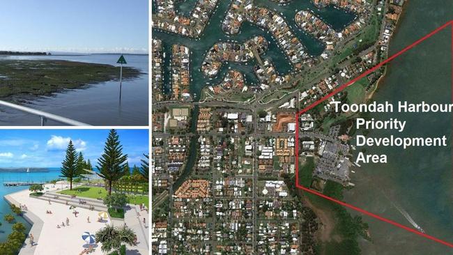 Wetlands at Cleveland’s Toondah Harbour; the priority development area; and an artist’s impression.