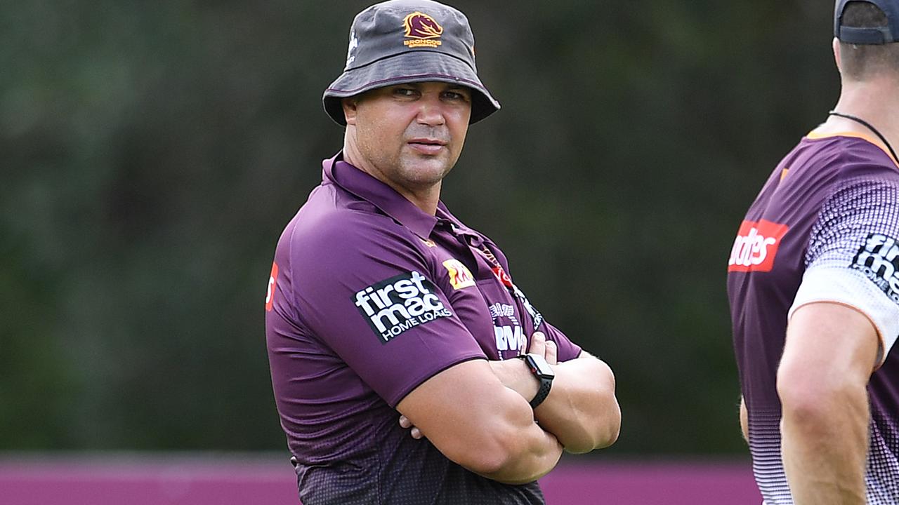 Coach Anthony Seibold watches over a Broncos pre-season training session. Picture: AAP