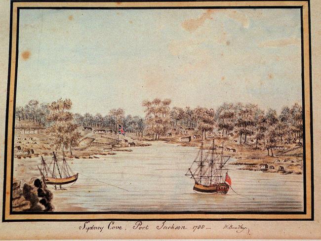 An oil painting of First Nations people watching Captain Arthur Phillip's tall ships of the First Fleet arriving in Sydney Cove to settle Australia in 1788. Picture: Mitchell Library.