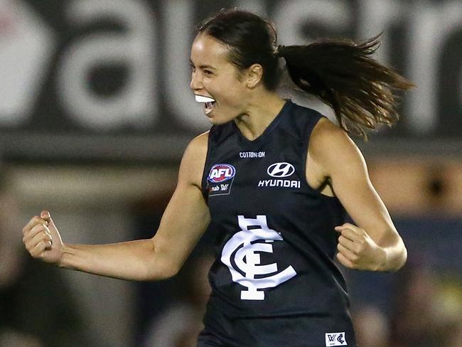 Brooke Walker of the Carlton Blues celebrates a goal during the Round 5 AFLW match between the Carlton Blues and the St Kilda Saints at Ikon Park in Melbourne, Saturday, March 7, 2020. (AAP Image/Rob Prezioso) NO ARCHIVING, EDITORIAL USE ONLY