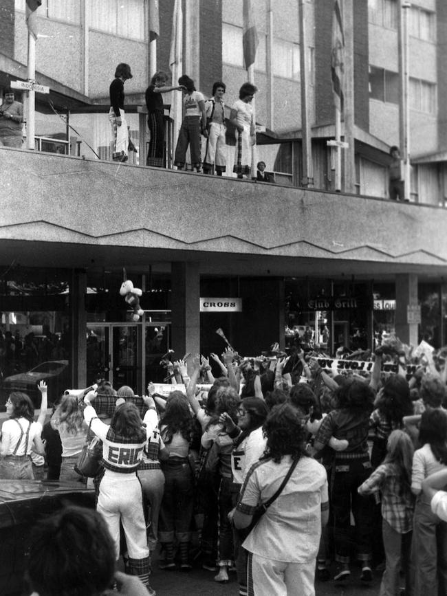 1975. The Bay City Rollers greet fans on the balcony where the Beatles stood 11 years before. Picture: HWT<br/>                     