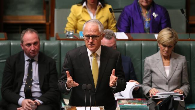 Prime Minister Malcolm Turnbull defends his stance on the gay marriage vote during Question Time in the House of Representatives Chamber at Parliament House in Canberra. Picture Kym Smith