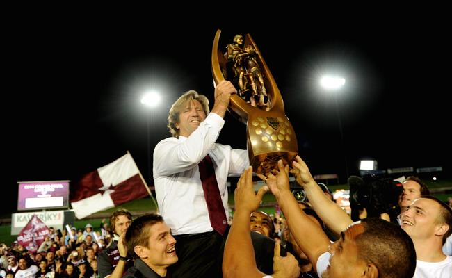 Coach Des Hasler celebrates the 2011 premiership with Manly Sea Eagles.