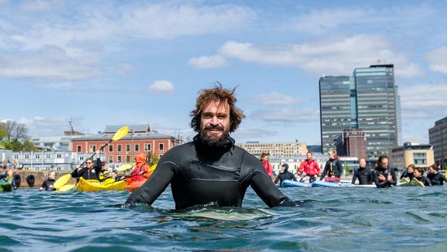 Streaky Bay local Heath Joske protesting in Oslo Harbour. PICTURE: Hallvard Kolltveit