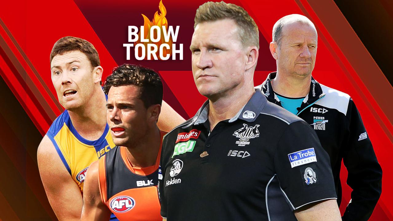 The AFL Blowtorch for Round 14: West Coast's Jeremy McGovern, Giant Josh Kelly, Collingwood's Nathan Buckley and Port Adelaide's Ken Hinkley.