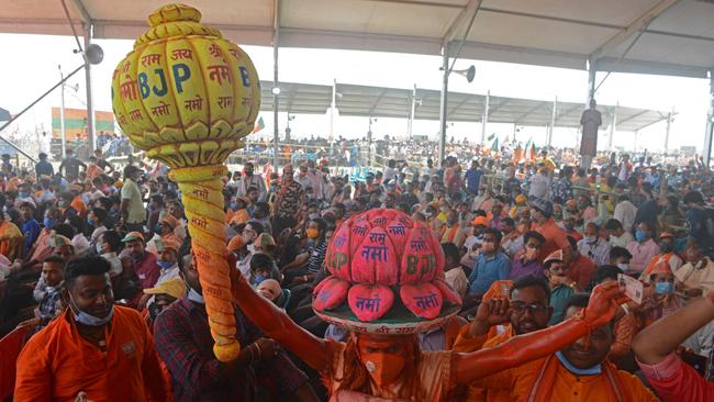 What pandemic? Supporters of Bharatiya Janata Party (BJP) attend a public rally being addressed by Indian Prime Minister Narendra Modi on April 10. Picture: AFP