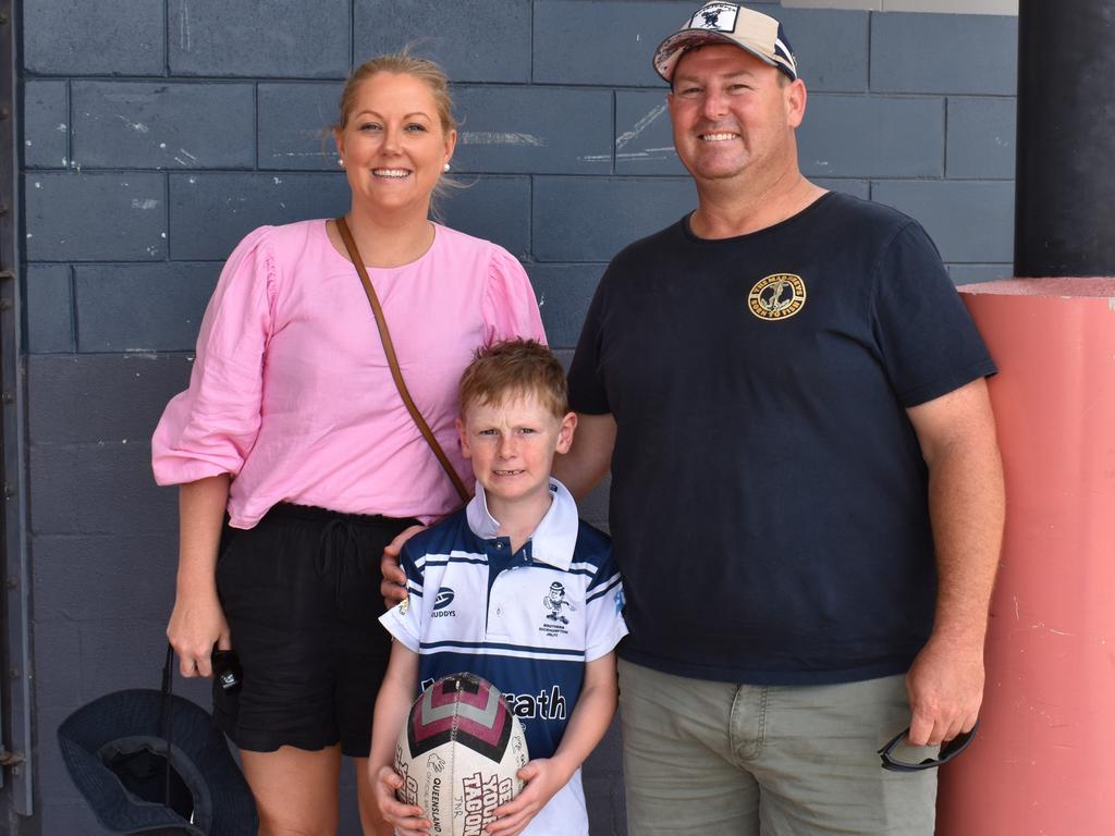 The Corley family - Allira, Harry and Shane - at the CQ Capras underage teams first games at Browne Park, Rockhampton, on February 25, 2023.