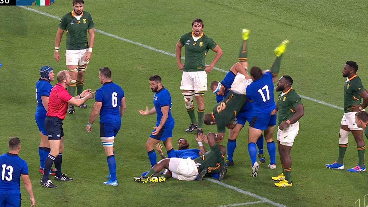 After Italy were awarded a penalty, Springboks No 8 Duane Vermeulen is tipped onto his head in a shocking tip-tackle.