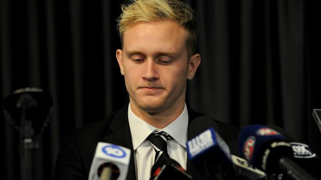 A shattered Jaidyn Stephenson fronts the media. Picture: Andrew Henshaw