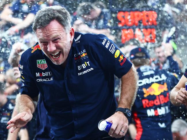 Christian Horner and the Red Bull team celebrate in 2023. Picture: Clive Rose/Getty Images