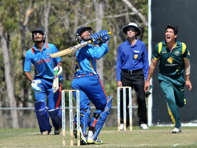 India's Kuldeep Yadav skies the ball to third man off the bowling of Matt Fotia. Picture: Justin Sanson.