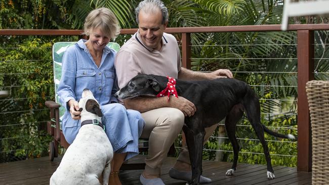 Dean Brewer and Vanessa Pollock-Brewer with Molly and Peggy. Picture: Mark Cranitch.