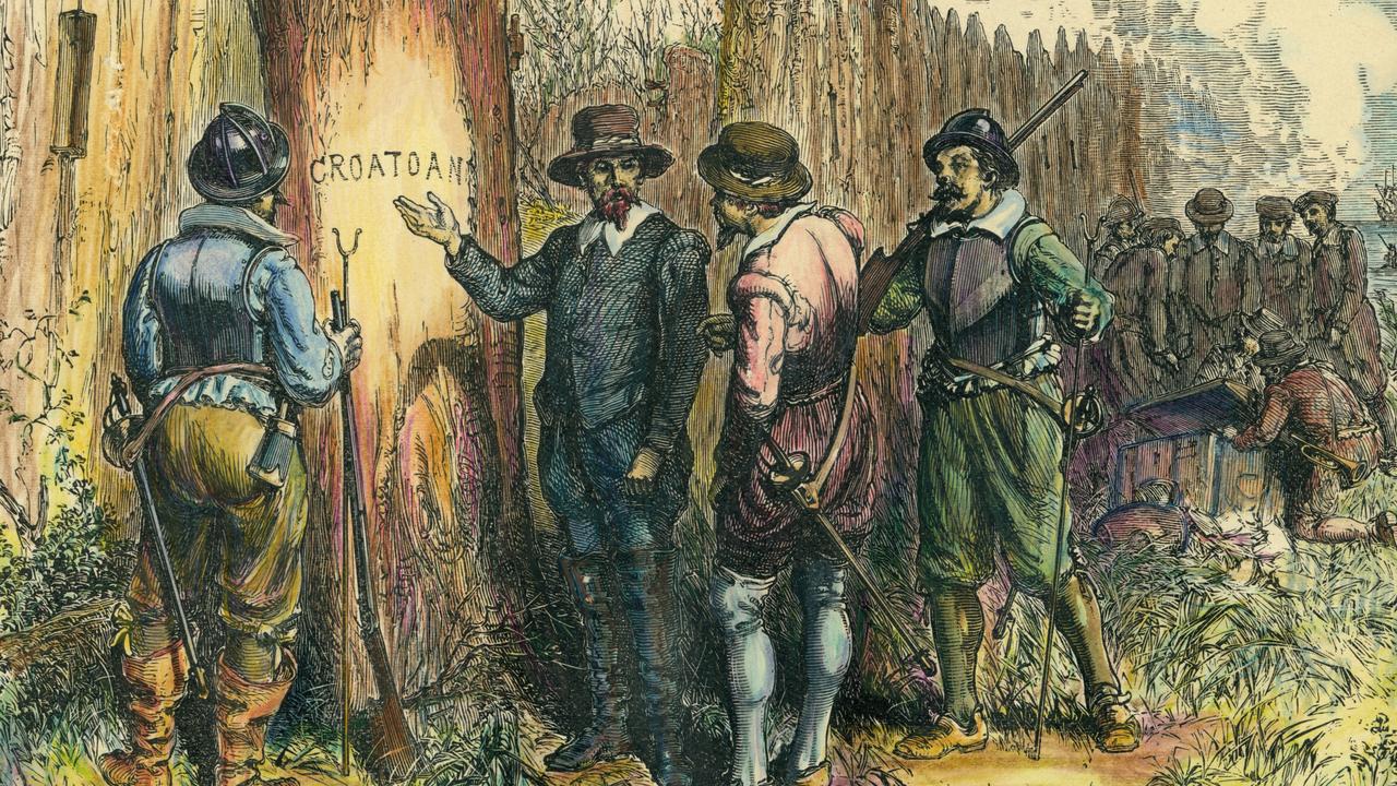 Colonist John White returned to Roanoke after three years to find the settlers had vanished and left the word “Croatan” carved into a wooden post. Picture: Stock Montage/Getty Images