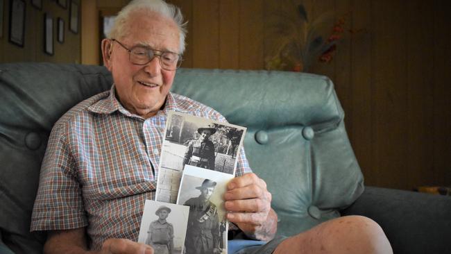 World War II veteran and Sarina resident Leonard Lister with a photograph of himself (top), his father Anthony Lister (middle) and his brother Walter "Wally" Lister (bottom left) – all having served Australian in the World Wars. Picture: Heidi Petith