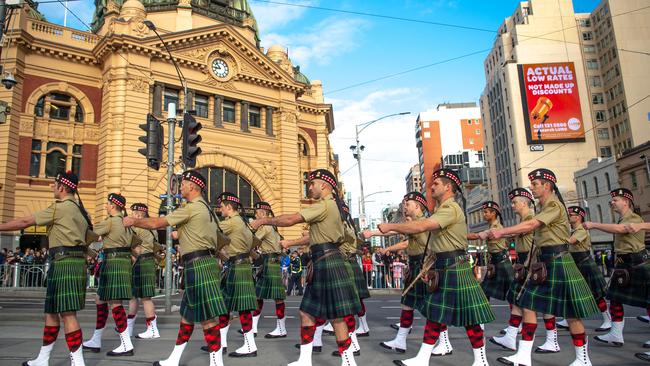 ANZAC Day March down Melbourne's St Kilda rd past Flinders Street Station to the Shrine of Remembrance. Picture: Jason Edwards