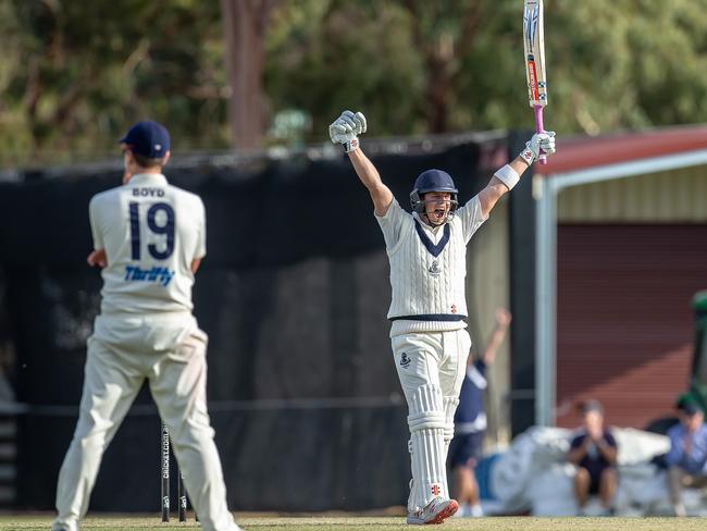 Evan Gulbis is exultant after hitting the winning runs for Carlton. Pic: Arj Giese, Cricket Victoria.