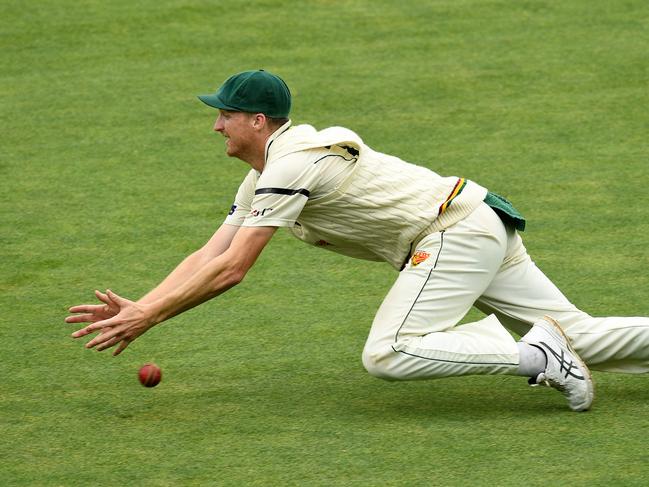 Tasmanian fielder Jackson Bird fails to take a catch in the outfield on day 2 of the Round 10 Sheffield Shield cricket match between Tasmania and New South Wales at Blundstone Arena in Hobart, Thursday, March 21, 2019. Picture: AAP IMAGE/DAVE HUNT