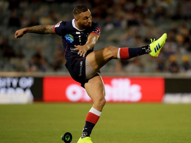 The Melbourne Rebels’ Quade Cooper converts a try against the Brumbies during round one. Picture: Getty Images