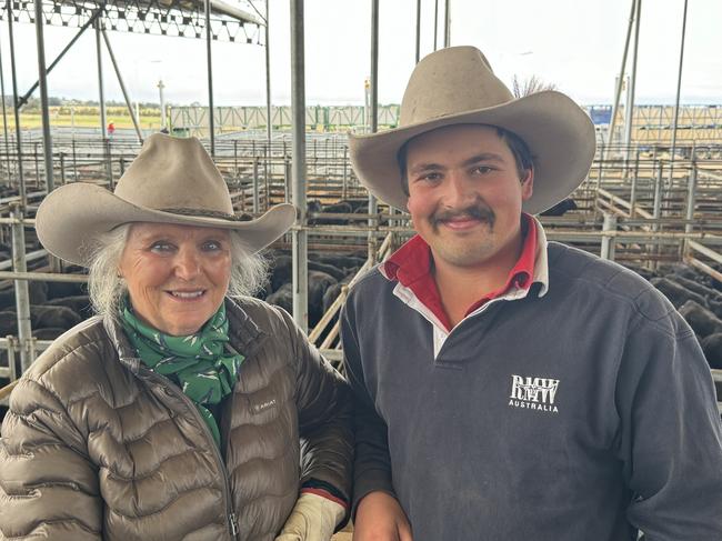 Vendors Cass Kimpton and grandson Angus MacGillivray pictured at Mortlake cattle sale. Picture: Kate Dowler