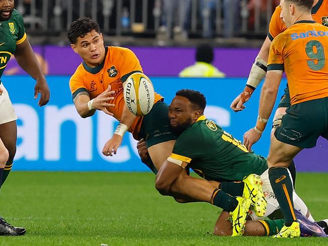 Noah Lolesio is the incumbent five-eighth, although the Wallabies’ limp attack against the Boks puts him on shaky ground. Picture: Getty Images