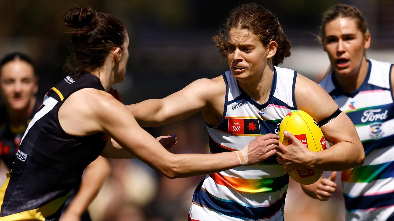 Geelong midfielder Nina Morrison fends off Richmond’s Tessa Lavey earlier this season. Picture: Michael Willson/AFL Photos via Getty Images