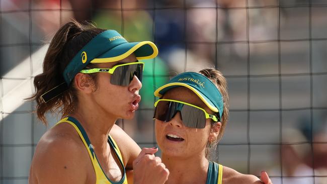 PARIS, FRANCE - AUGUST 04: Taliqua Clancy and Mariafe Artacho del Solar of Team Australia react during a Women's Round of 16 match against Team Brazil on day nine of the Olympic Games Paris 2024 at  on August 04, 2024 in Paris, France. (Photo by Elsa/Getty Images)