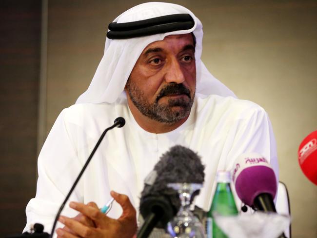 Sheik Ahmed bin Saeed Al-Maktoum, chairman and CEO of Emirates, listens to a reporter's question. Picture: AP