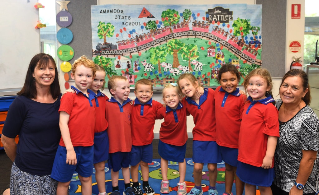 AMAMOOR PREP: (From left) Teacher Mrs Sally Meredith, Oscar Joyce, Maddie Anderson, Liam Grubb, Axel Robinson, Tijana Jennings, Summer Jones, Kirra Fleming, Xanthe King and teacher aide Mrs Donna Story. Picture: Renee Albrecht